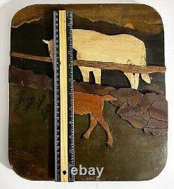 Primitive Folk Art Carved on Board Horse with Lamb Unsigned 11 1/4x 12 7/8