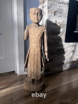 Primitive Folk Art Hand Carved Wood Antique Man Monk Statue Sculpture 25.5 in