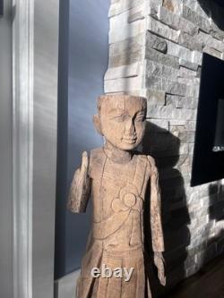 Primitive Folk Art Hand Carved Wood Antique Man Monk Statue Sculpture 25.5 in