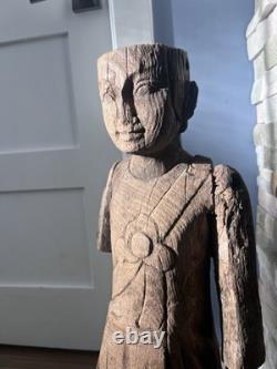 Primitive Folk Art Hand Carved Wood Antique Man Monk Statue Sculpture 25.5 in