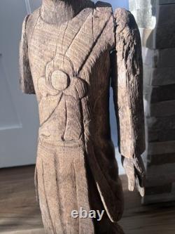 Primitive Folk Art Hand Carved Wood Antique Man Monk Statue Sculpture 25.5 in