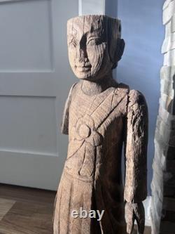 Primitive Folk Art Hand Carved Wood Antique Man Monk Statue Sculpture 25.5 in