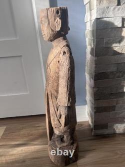 Primitive Folk Art Hand Carved Wood Antique Man Monk Statue Sculpture 25.5 in