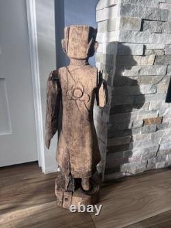 Primitive Folk Art Hand Carved Wood Antique Man Monk Statue Sculpture 25.5 in