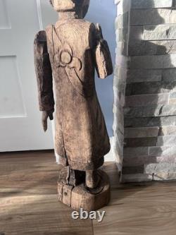 Primitive Folk Art Hand Carved Wood Antique Man Monk Statue Sculpture 25.5 in