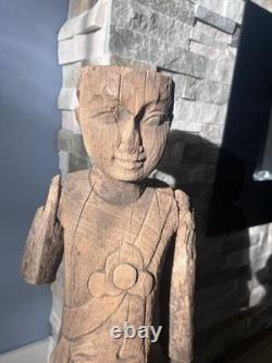 Primitive Folk Art Hand Carved Wood Antique Man Monk Statue Sculpture 25.5 in