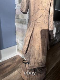 Primitive Folk Art Hand Carved Wood Antique Man Monk Statue Sculpture 25.5 in