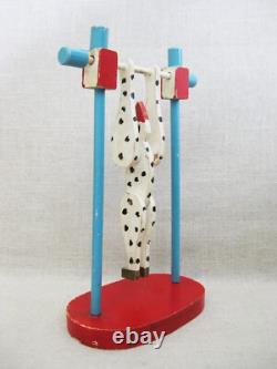 Primitive Folk Art Toy Clown Swinging Figure Wood Carving, Vintage Circus Theme