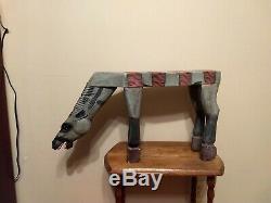 Primitive Folk Art Wood Zoomorphic Hand Carved & Painted Horse Stool Table Bench