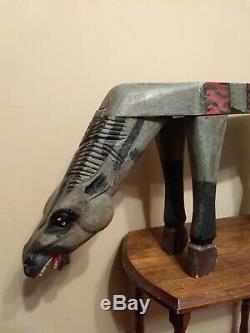 Primitive Folk Art Wood Zoomorphic Hand Carved & Painted Horse Stool Table Bench