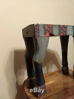 Primitive Folk Art Wood Zoomorphic Hand Carved & Painted Horse Stool Table Bench