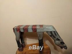 Primitive Folk Art Wood Zoomorphic Hand Carved & Painted Horse Stool Table Bench