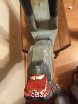 Primitive Folk Art Wood Zoomorphic Hand Carved & Painted Horse Stool Table Bench