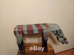 Primitive Folk Art Wood Zoomorphic Hand Carved & Painted Horse Stool Table Bench