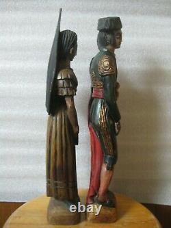 Primitive-Style Folk Art Statues Spanish Matador Senorita Hand Carved Polychrome