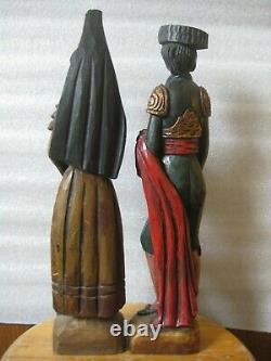 Primitive-Style Folk Art Statues Spanish Matador Senorita Hand Carved Polychrome