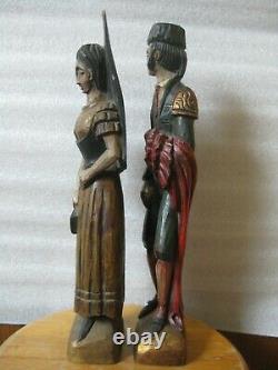 Primitive-Style Folk Art Statues Spanish Matador Senorita Hand Carved Polychrome