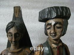 Primitive-Style Folk Art Statues Spanish Matador Senorita Hand Carved Polychrome