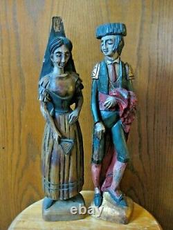 Primitive-Style Folk Art Statues Spanish Matador Senorita Hand Carved Polychrome