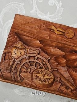 Primitive Wood Carved MAN AT SEA Boat Ship's Wheel Waves Signed Folk Art 8x6