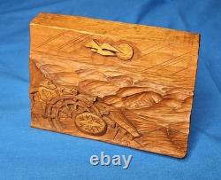 Primitive Wood Carved MAN AT SEA Boat Ship's Wheel Waves Signed Folk Art 8x6
