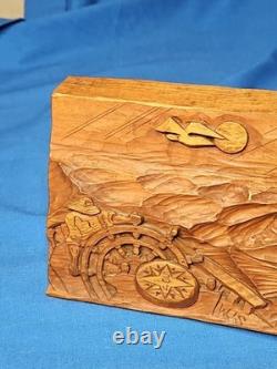 Primitive Wood Carved MAN AT SEA Boat Ship's Wheel Waves Signed Folk Art 8x6