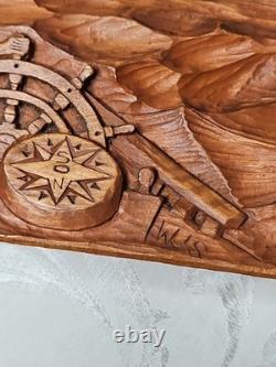Primitive Wood Carved MAN AT SEA Boat Ship's Wheel Waves Signed Folk Art 8x6