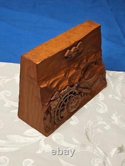 Primitive Wood Carved MAN AT SEA Boat Ship's Wheel Waves Signed Folk Art 8x6