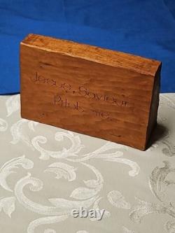 Primitive Wood Carved MAN AT SEA Boat Ship's Wheel Waves Signed Folk Art 8x6