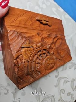 Primitive Wood Carved MAN AT SEA Boat Ship's Wheel Waves Signed Folk Art 8x6