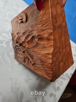 Primitive Wood Carved MAN AT SEA Boat Ship's Wheel Waves Signed Folk Art 8x6