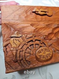 Primitive Wood Carved MAN AT SEA Boat Ship's Wheel Waves Signed Folk Art 8x6