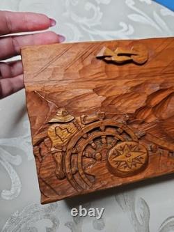 Primitive Wood Carved MAN AT SEA Boat Ship's Wheel Waves Signed Folk Art 8x6