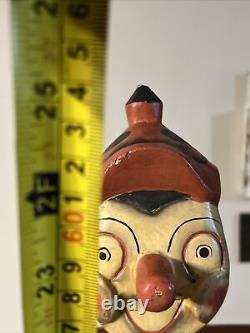 RARE 1920's Pinocchio Clown Hand Carved Wood Folk Art Statue cabinet 25 Green