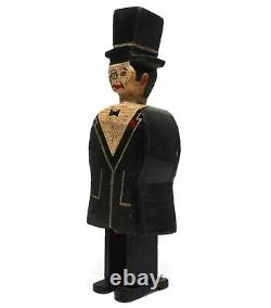 RARE EARLY 20TH C VINT AMERICAN FOLK/TRAMP ART MAN, WithTOP HAT CARVED WOOD FIGURE