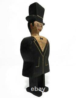 RARE EARLY 20TH C VINT AMERICAN FOLK/TRAMP ART MAN, WithTOP HAT CARVED WOOD FIGURE