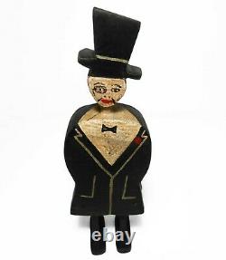 RARE EARLY 20TH C VINT AMERICAN FOLK/TRAMP ART MAN, WithTOP HAT CARVED WOOD FIGURE