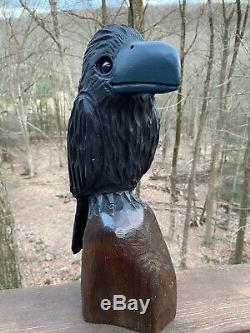 RAVEN Chainsaw Carving BLACK WALNUT WOOD Folk Art CROW Sculpture Bird Carvings