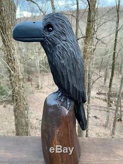 RAVEN Chainsaw Carving BLACK WALNUT WOOD Folk Art CROW Sculpture Bird Carvings