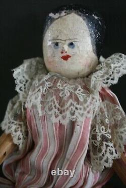 Rare 1800 American Folk Art Penny Doll, Carved Wood, Painted Face Original Smock