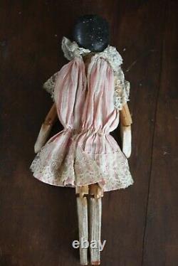 Rare 1800 American Folk Art Penny Doll, Carved Wood, Painted Face Original Smock