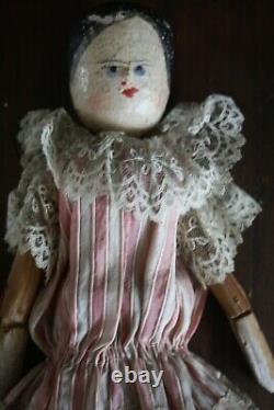 Rare 1800 American Folk Art Penny Doll, Carved Wood, Painted Face Original Smock