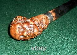 Rare 19th Century Folk Art Carved Burl Gentleman's Head Walking Stick Cane AAFA