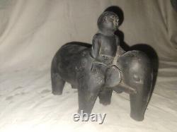 Rare Antique Nepalese Antique Folk Art Hand Carved Elephant and Mahout 1880's