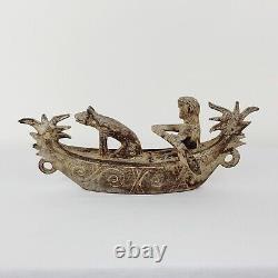Rare Antique Wood Carving Inca Sculpture Man Paddling Dog Boat Peruvian Folk Art