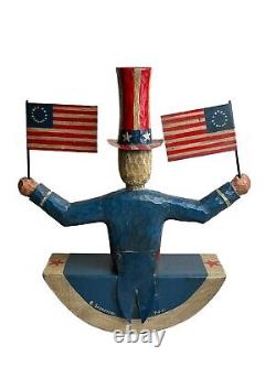 Rare BRAD SCHIFFERL Antique Primitive Folk Art UNCLE SAM PULL STRING Wood CARVED