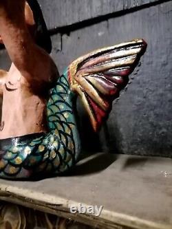 Rare Find Wood Carving Mermaid Figure Mexican Folk Art Mask 10'' Tall