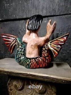 Rare Find Wood Carving Mermaid Figure Mexican Folk Art Mask 10'' Tall