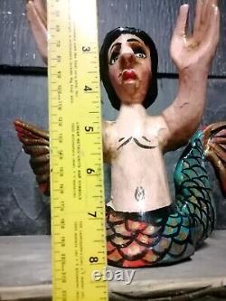 Rare Find Wood Carving Mermaid Figure Mexican Folk Art Mask 10'' Tall