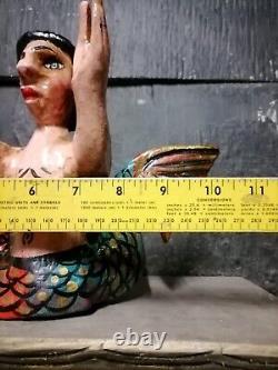 Rare Find Wood Carving Mermaid Figure Mexican Folk Art Mask 10'' Tall